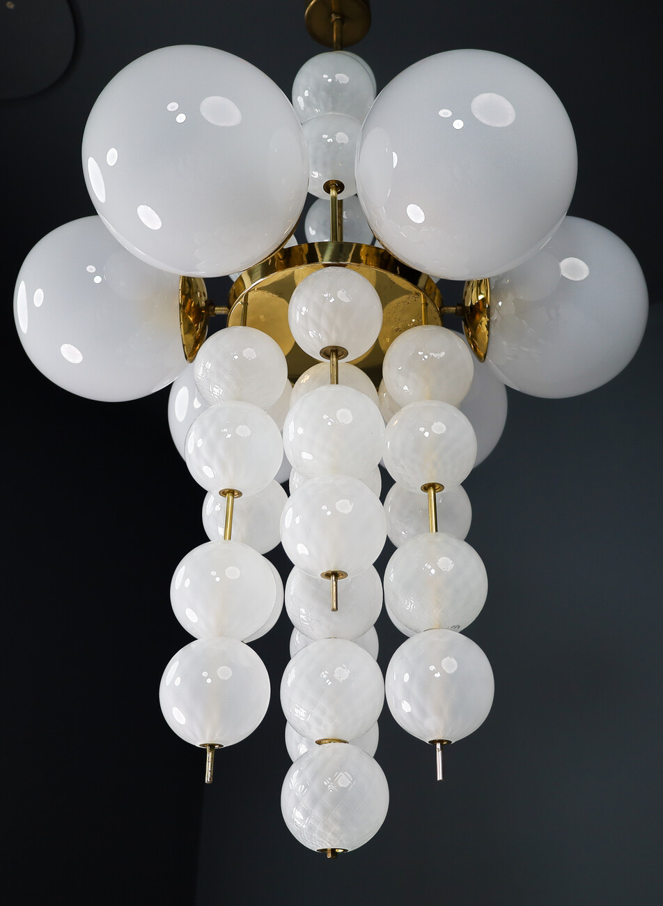 Mid century modern XL Hotel Chandelier with Brass Fixture and Hand-Blowed Frosted Glass Globes, Preciosa Czech Republic 1970s Late-20th century