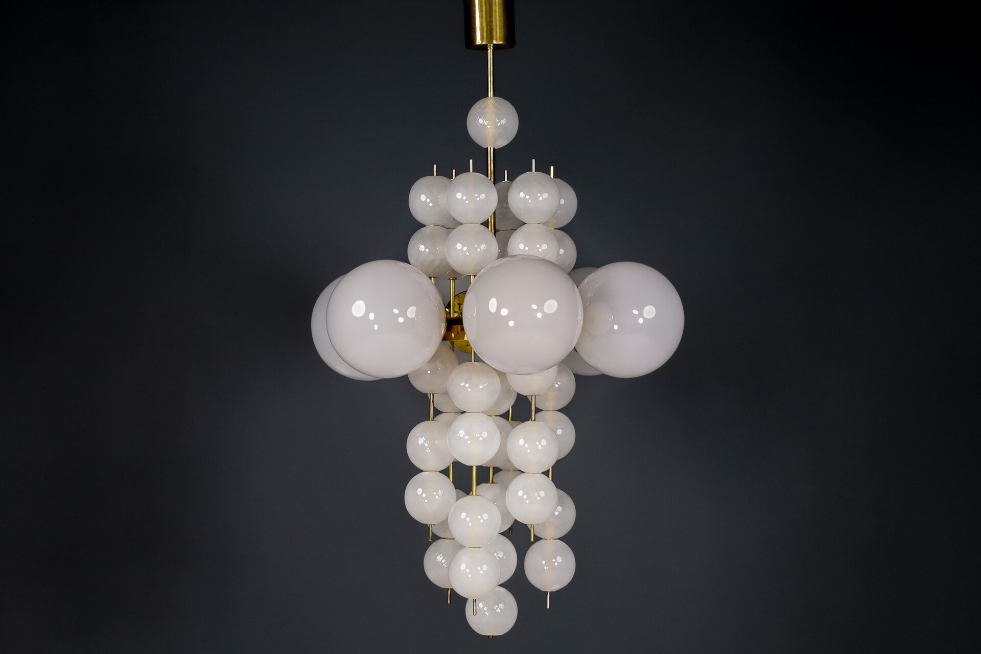 Mid century modern XL Hotel Chandelier with Brass Fixture and Hand-Blowed Frosted Glass Globes, Preciosa Czech Republic 1970s Late-20th century