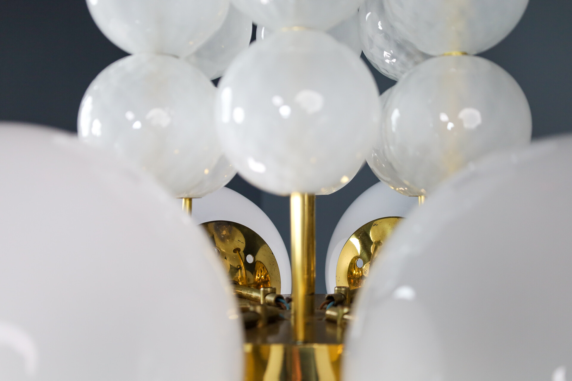Mid century modern XL Hotel Chandelier with Brass Fixture and Hand-Blowed Frosted Glass Globes, Preciosa Czech Republic 1970s Late-20th century