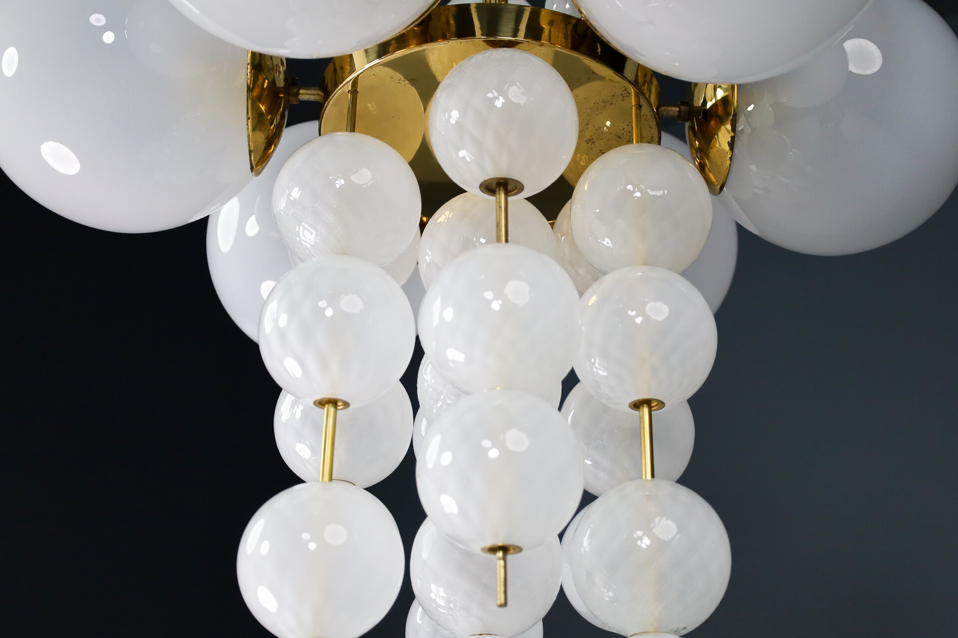 Mid century modern XL Hotel Chandelier with Brass Fixture and Hand-Blowed Frosted Glass Globes, Preciosa Czech Republic 1970s Late-20th century