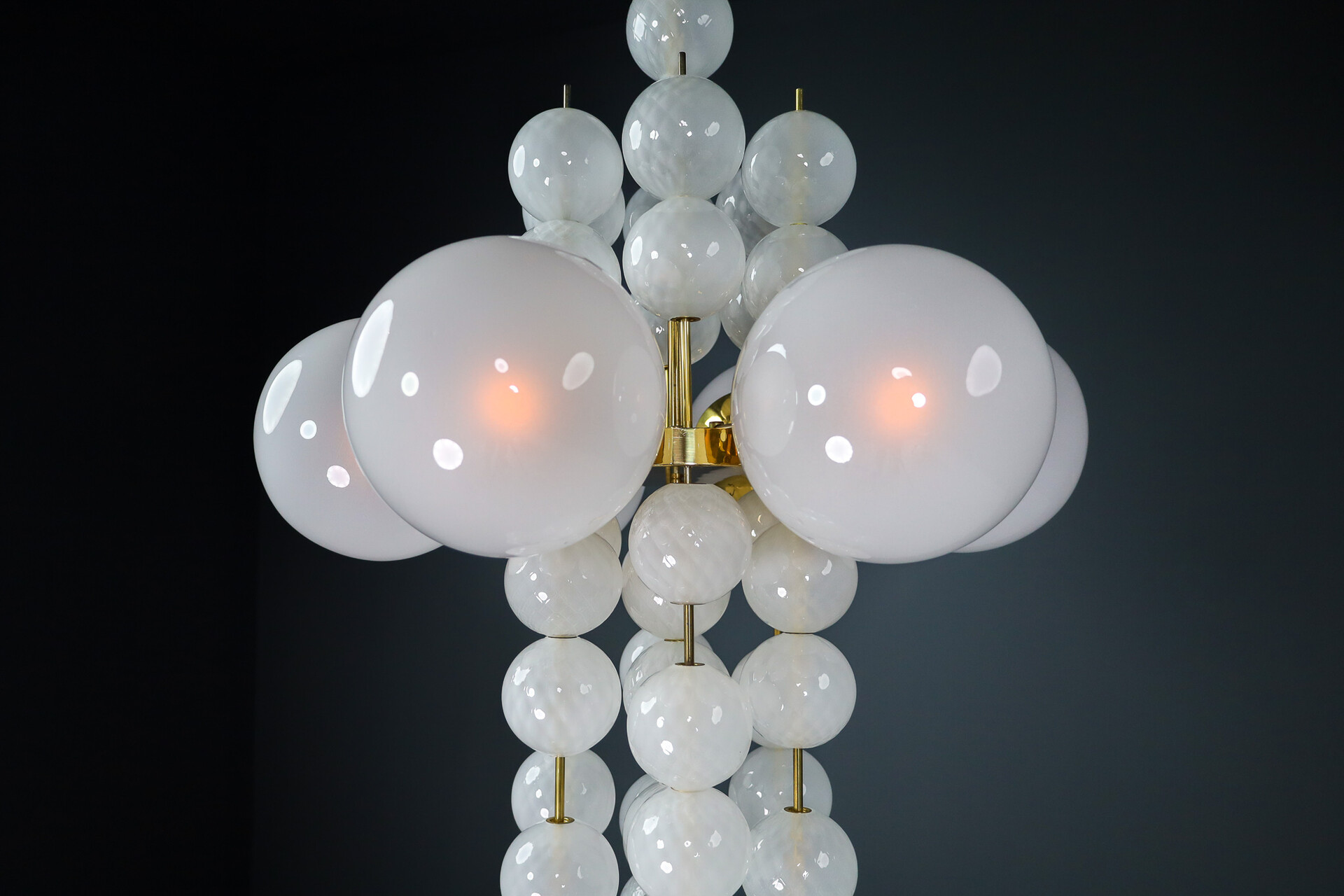 Mid century modern XL Hotel Chandelier with Brass Fixture and Hand-Blowed Frosted Glass Globes, Preciosa Czech Republic 1970s Late-20th century