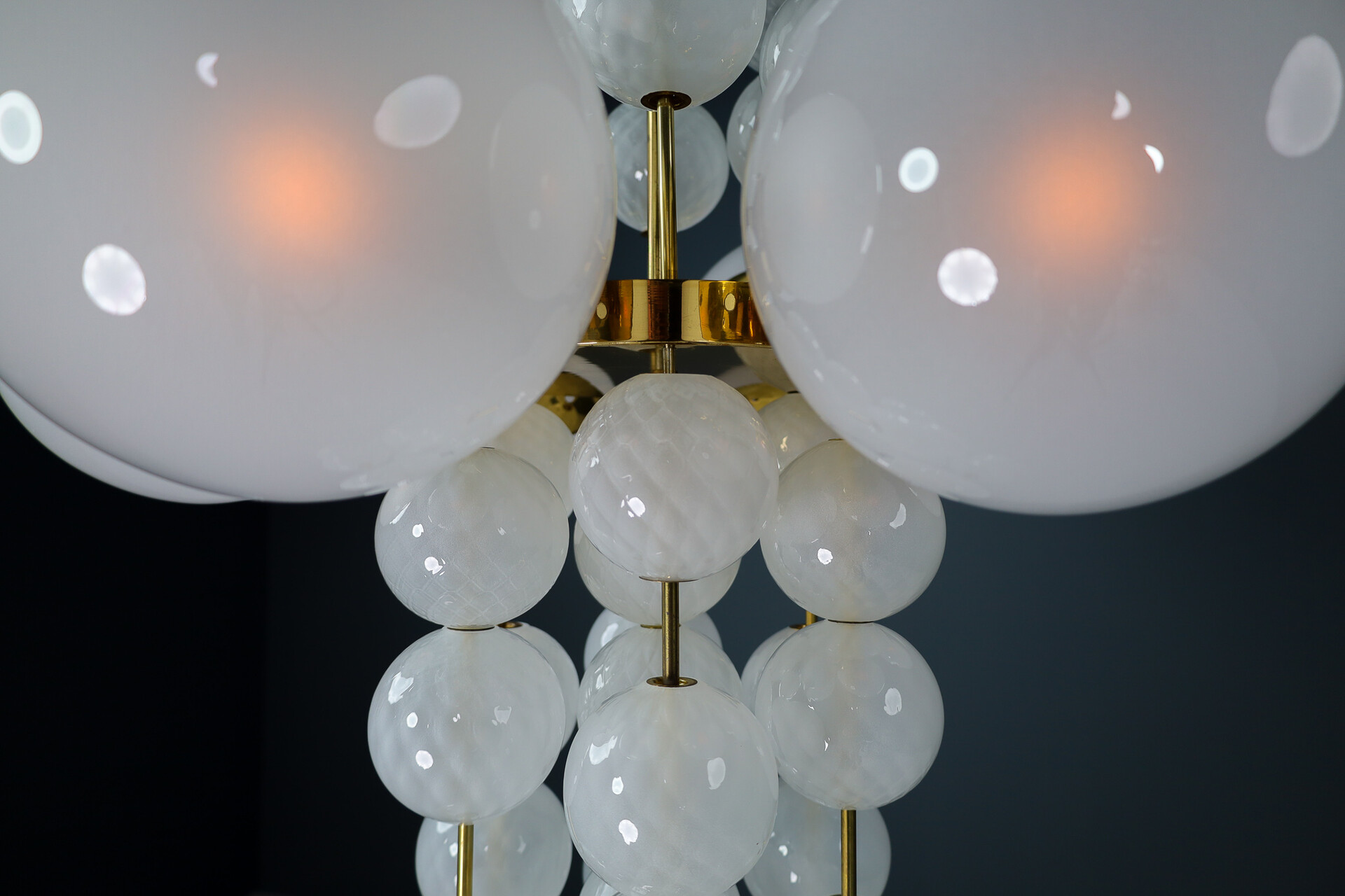 Mid century modern XL Hotel Chandelier with Brass Fixture and Hand-Blowed Frosted Glass Globes, Preciosa Czech Republic 1970s Late-20th century