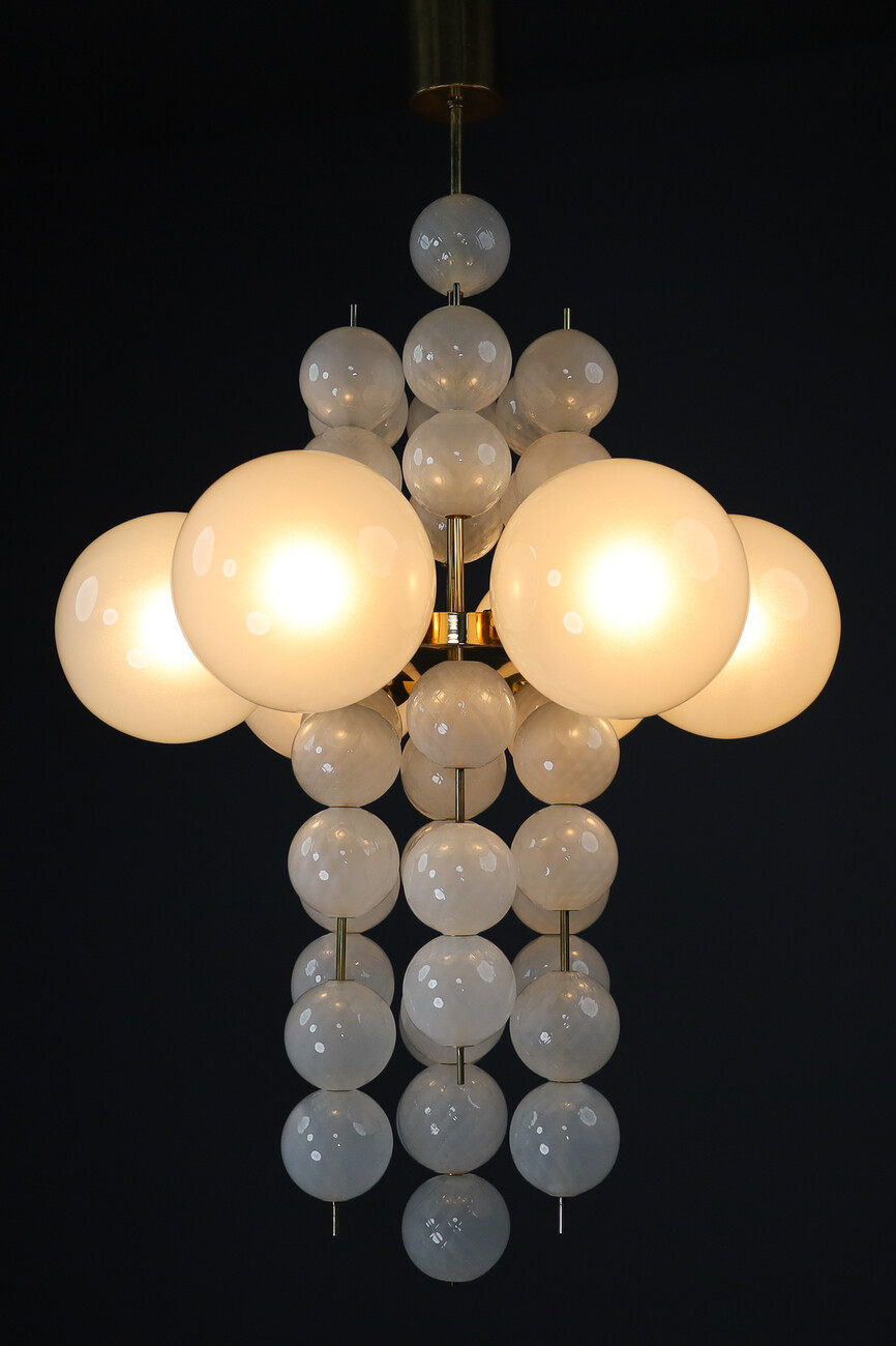 Mid century modern XL Hotel Chandelier with Brass Fixture and Hand-Blowed Frosted Glass Globes, Preciosa Czech Republic 1970s Late-20th century