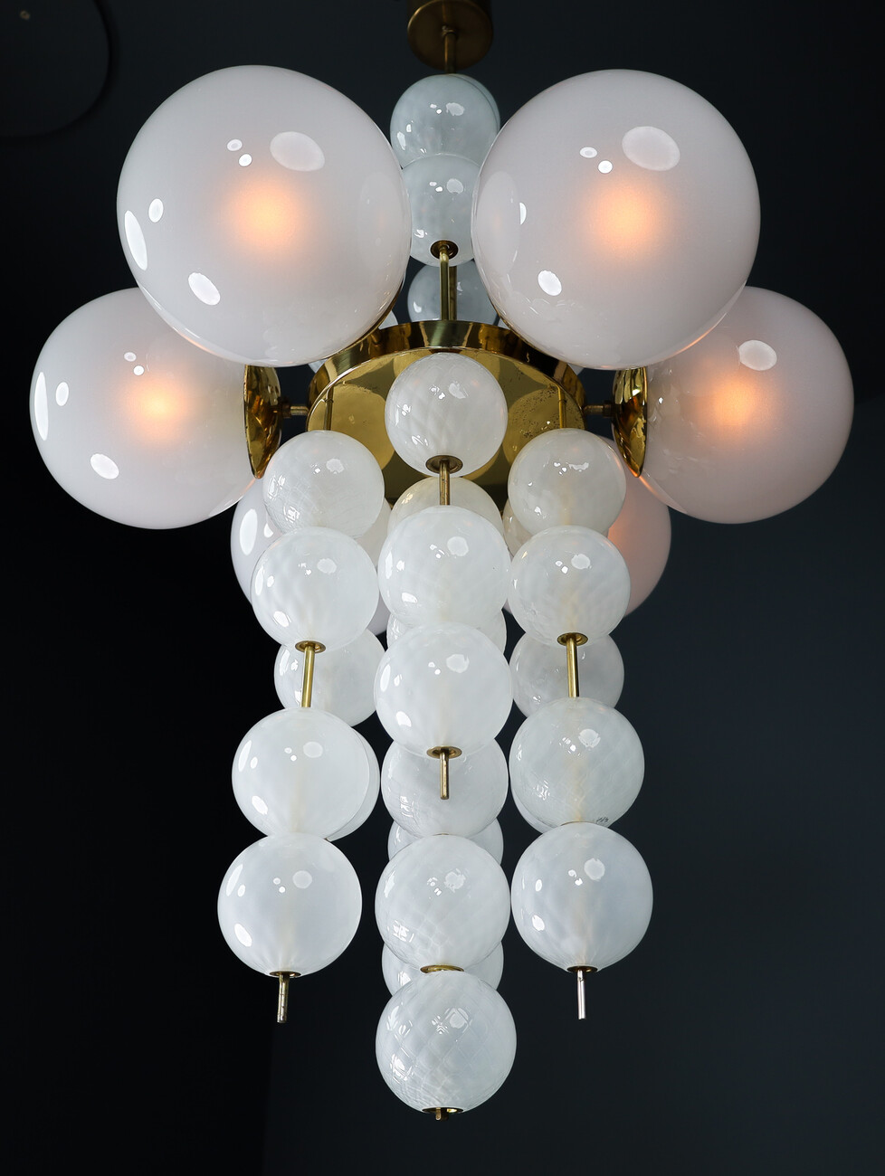 Mid century modern XL Hotel Chandelier with Brass Fixture and Hand-Blowed Frosted Glass Globes, Preciosa Czech Republic 1970s Late-20th century