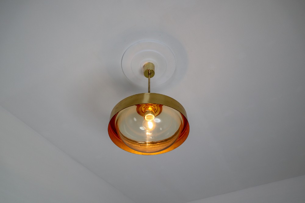 Mid-Century Modernist Brass and Hand-Blowed Glass Pendant, 1960s