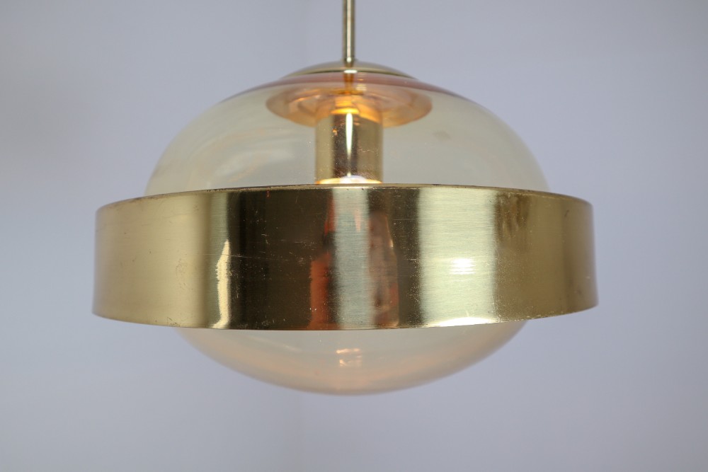 Mid-Century Modernist Brass and Hand-Blowed Glass Pendant, 1960s