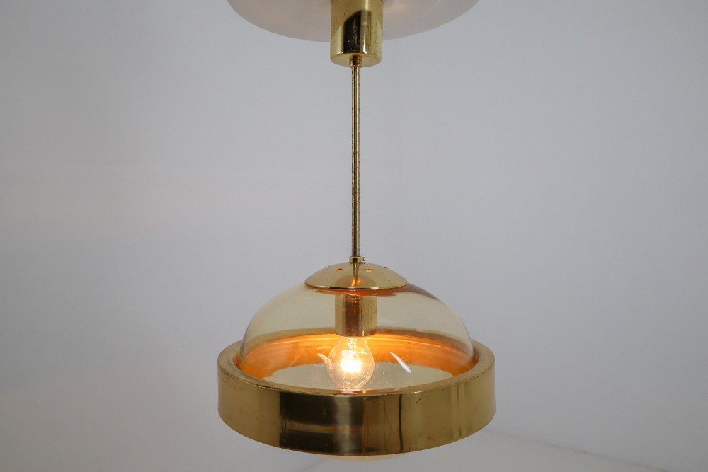 Mid-Century Modernist Brass and Hand-Blowed Glass Pendant, 1960s
