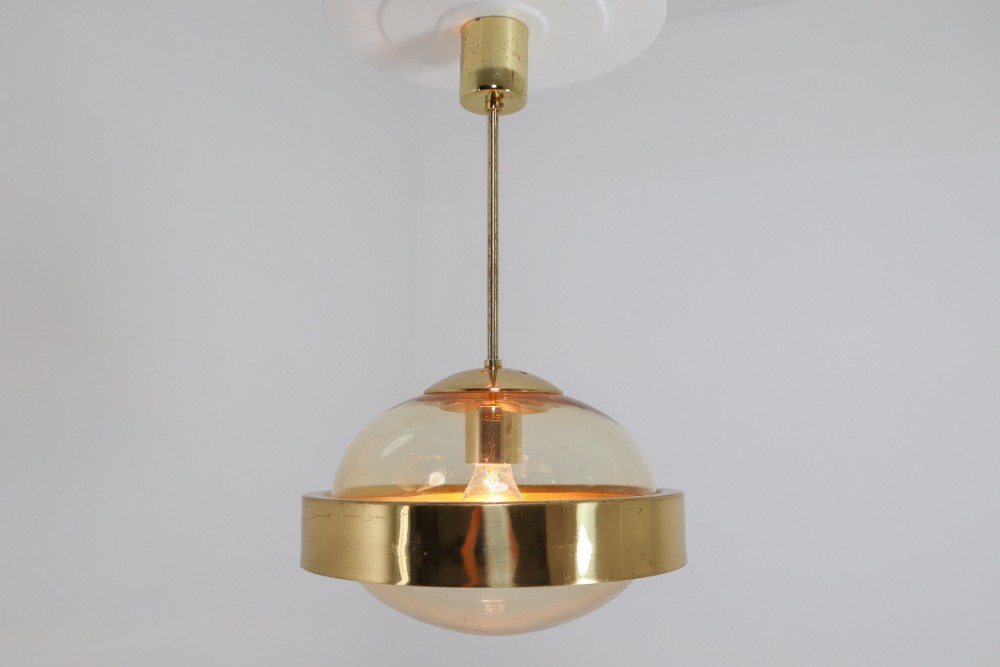 Mid-Century Modernist Brass and Hand-Blowed Glass Pendant, 1960s