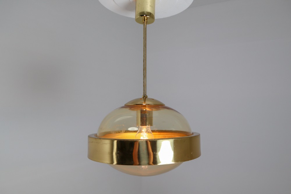 Mid-Century Modernist Brass and Hand-Blowed Glass Pendant, 1960s