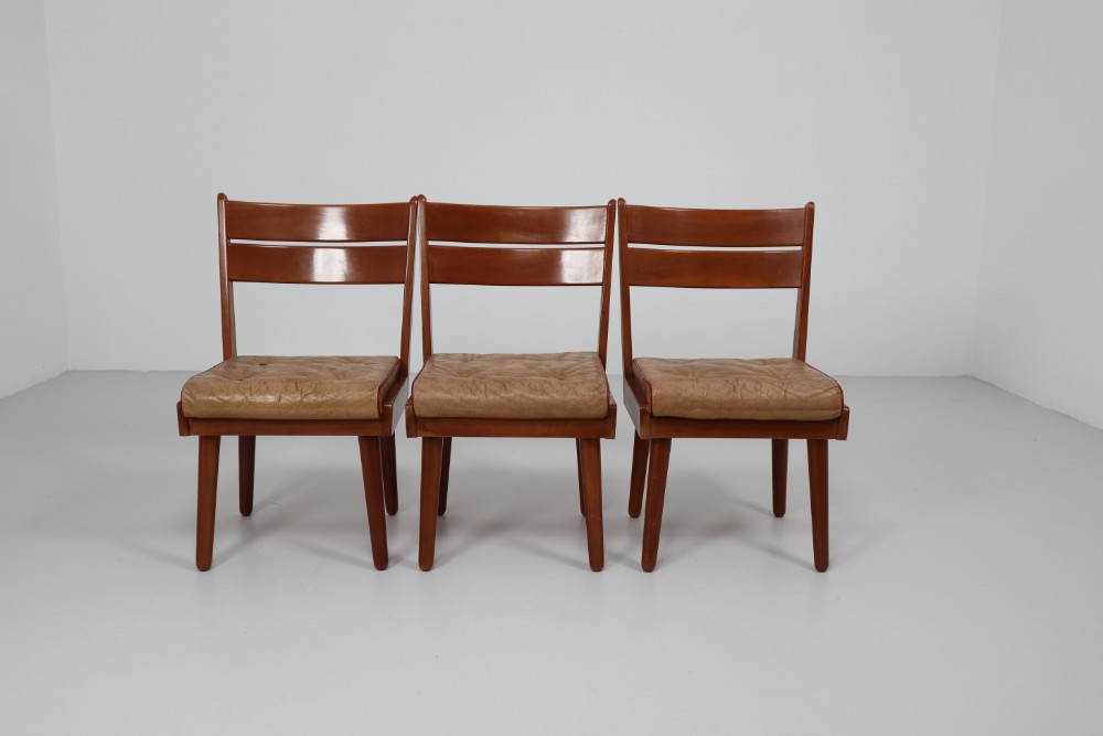 Midcentury Chairs in Walnut and Leather, Austria, 1950s Mid-20th century