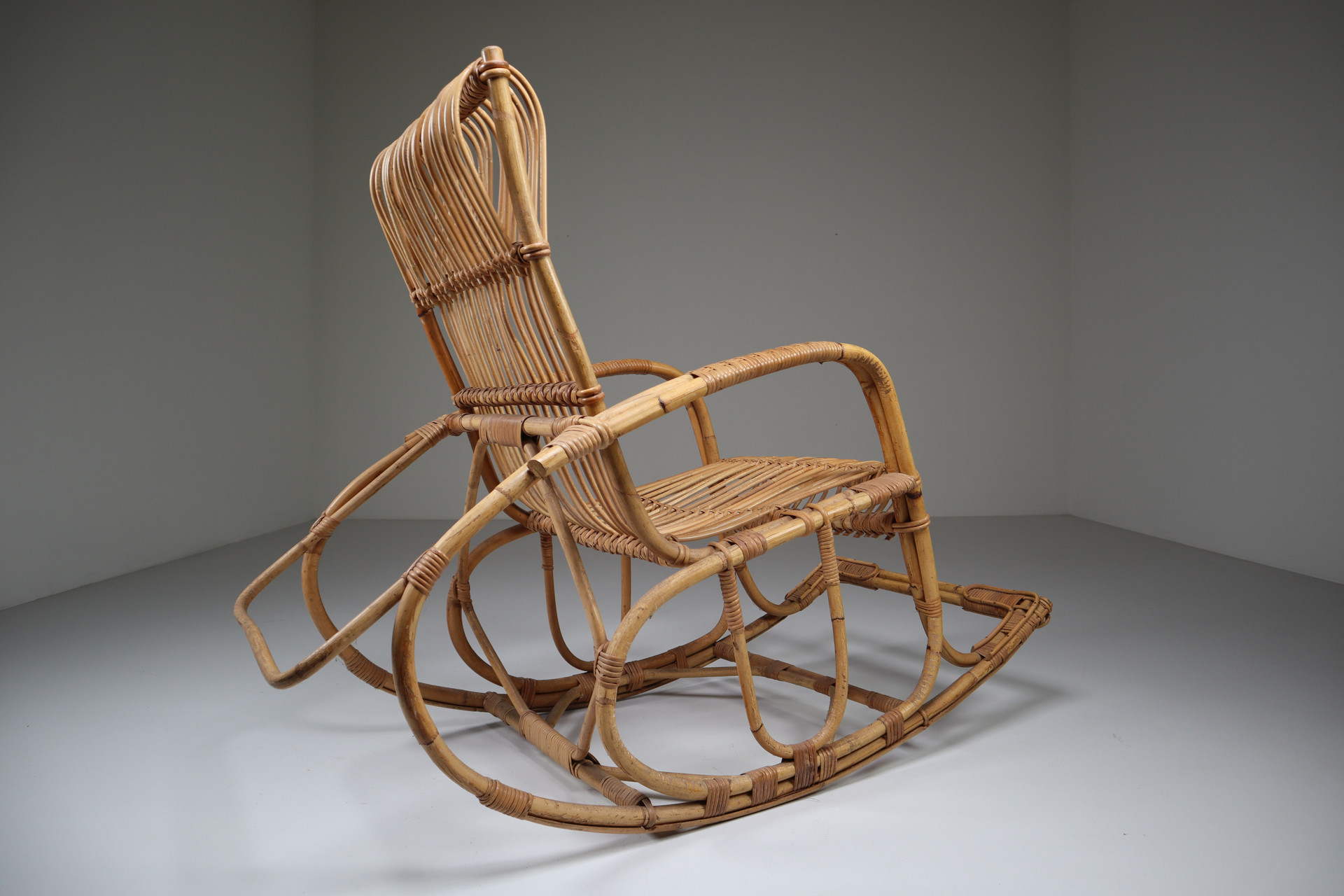 Midcentury French Wicker Ratan Bamboo Rocking Chair, 1960s Mid-20th century