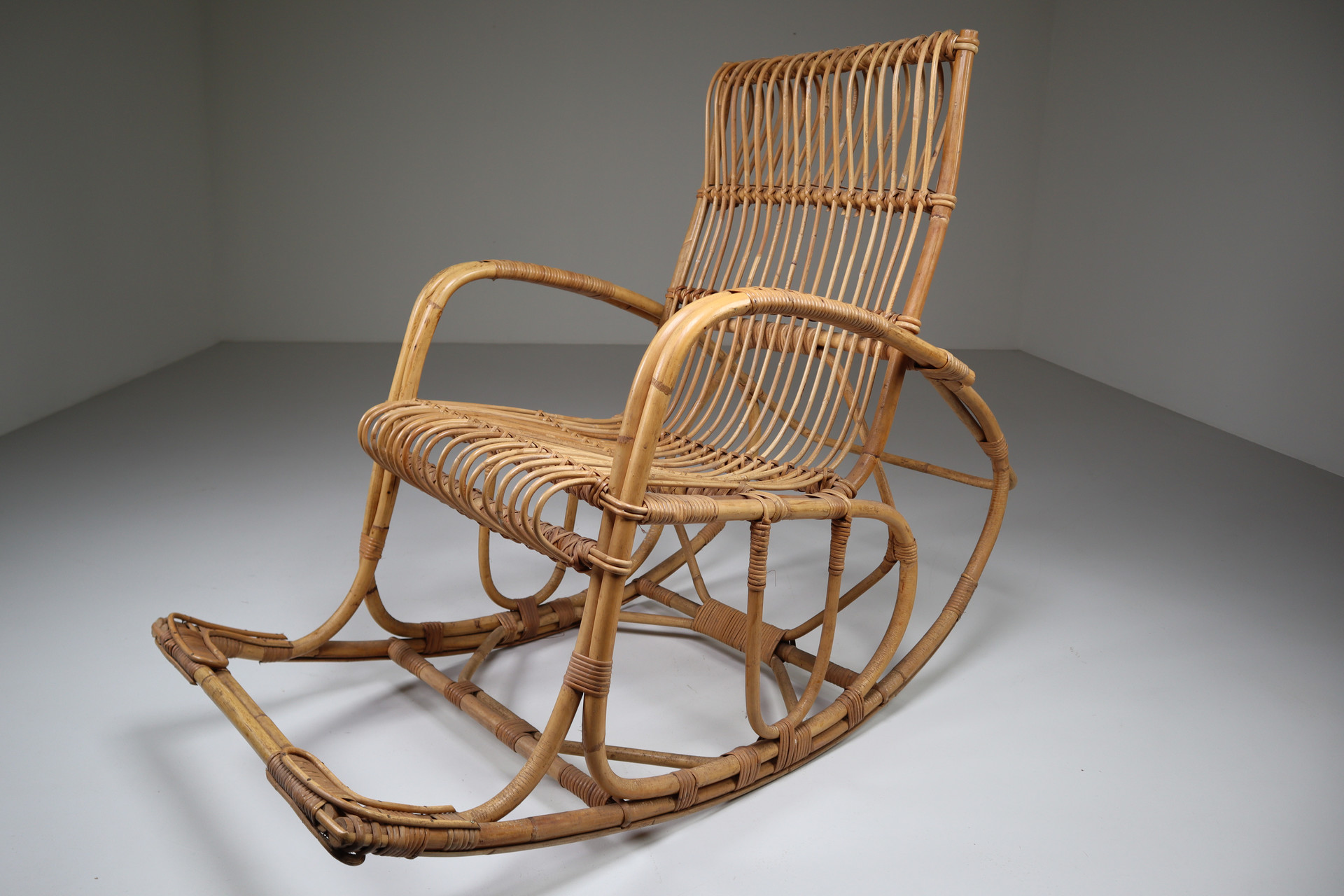 Midcentury French Wicker Ratan Bamboo Rocking Chair, 1960s Mid-20th century
