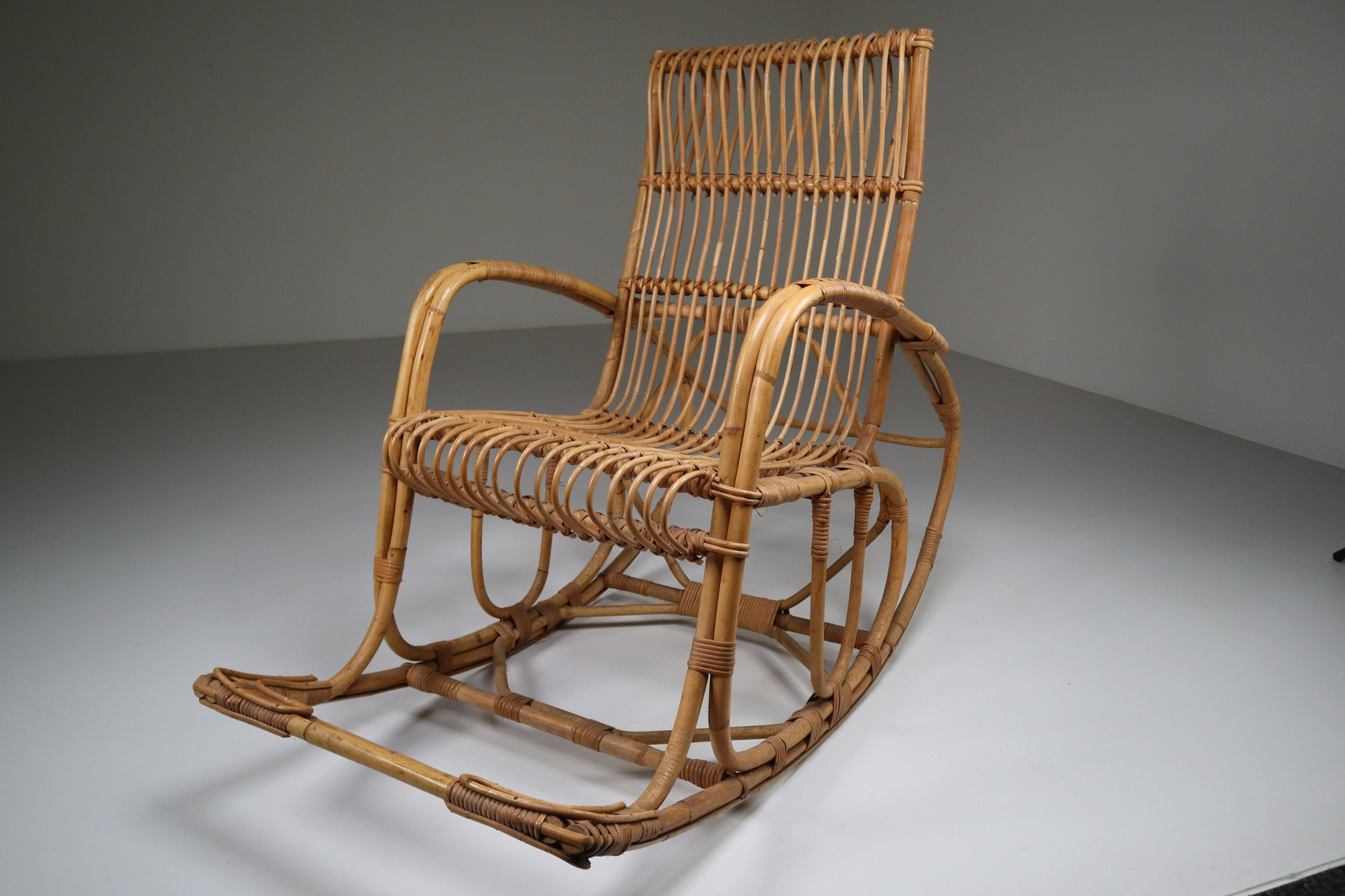 Midcentury French Wicker Ratan Bamboo Rocking Chair, 1960s Mid-20th century