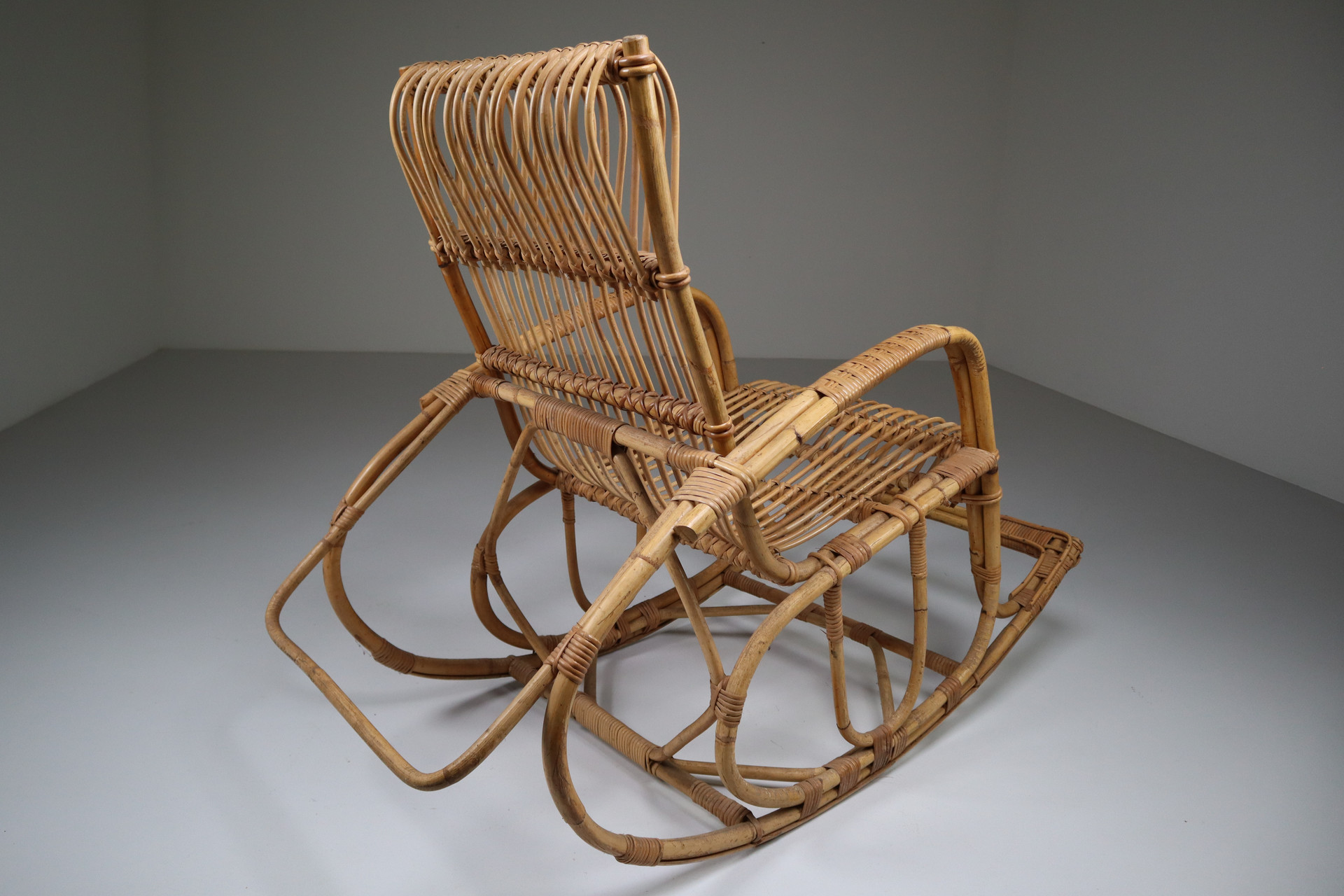 Midcentury French Wicker Ratan Bamboo Rocking Chair, 1960s Mid-20th century