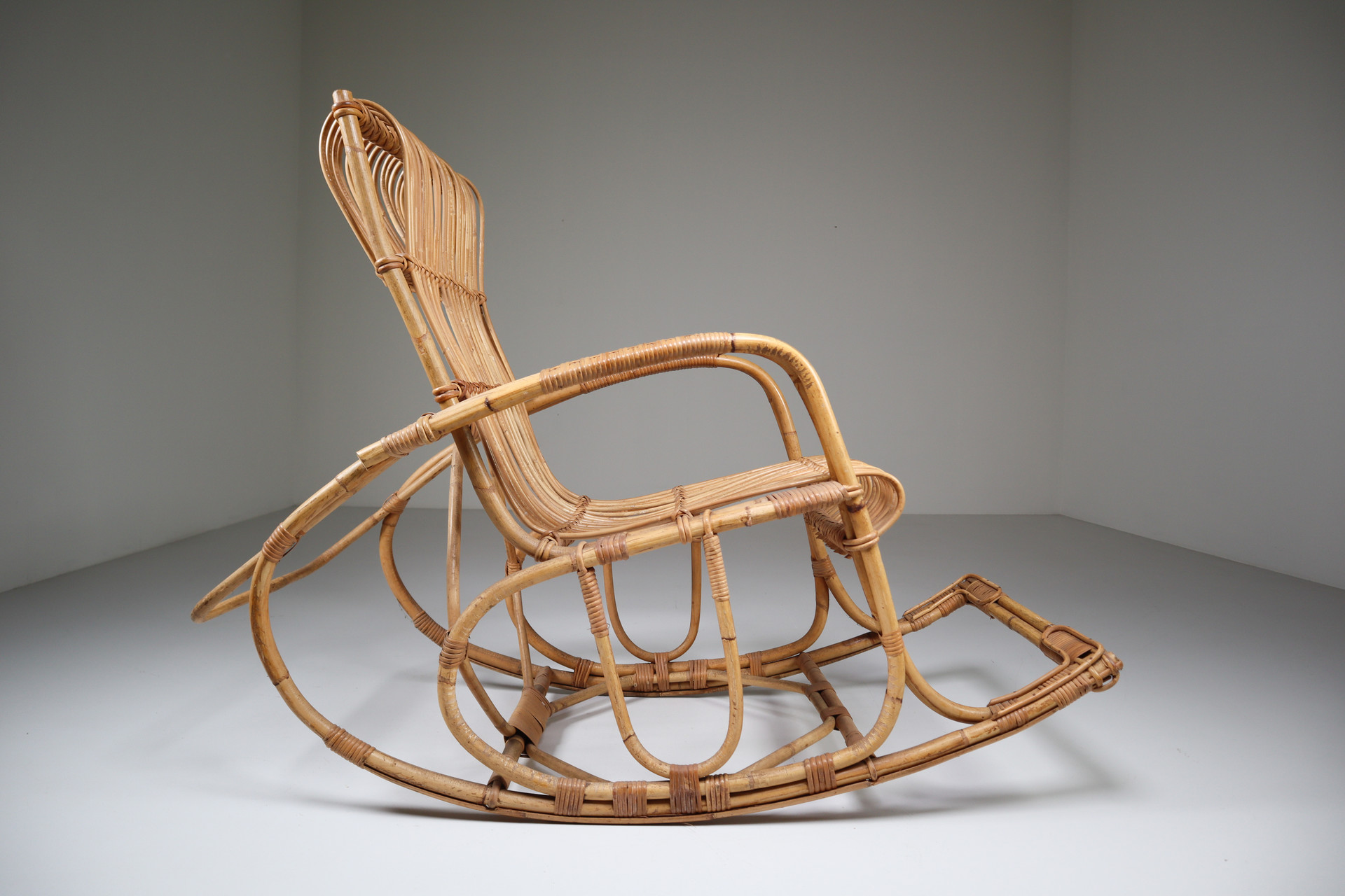 Midcentury French Wicker Ratan Bamboo Rocking Chair, 1960s Mid-20th century