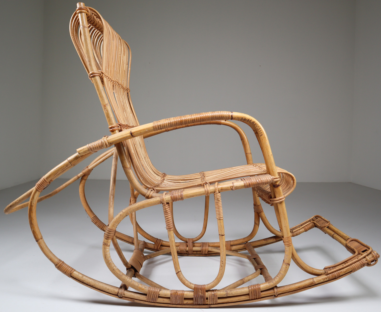 Midcentury French Wicker Ratan Bamboo Rocking Chair, 1960s Mid-20th century