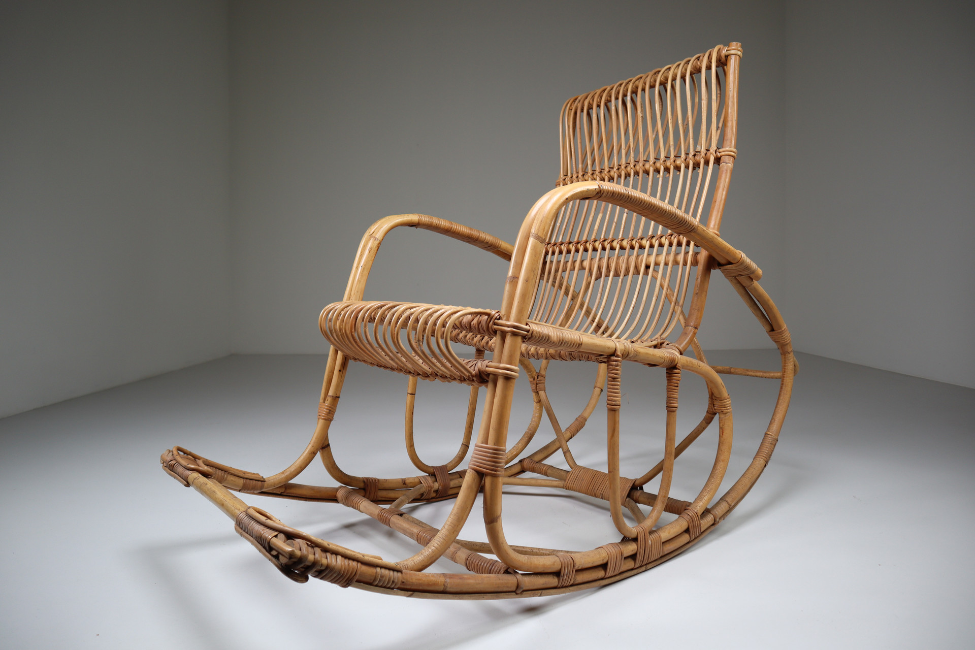 Midcentury French Wicker Ratan Bamboo Rocking Chair, 1960s Mid-20th century