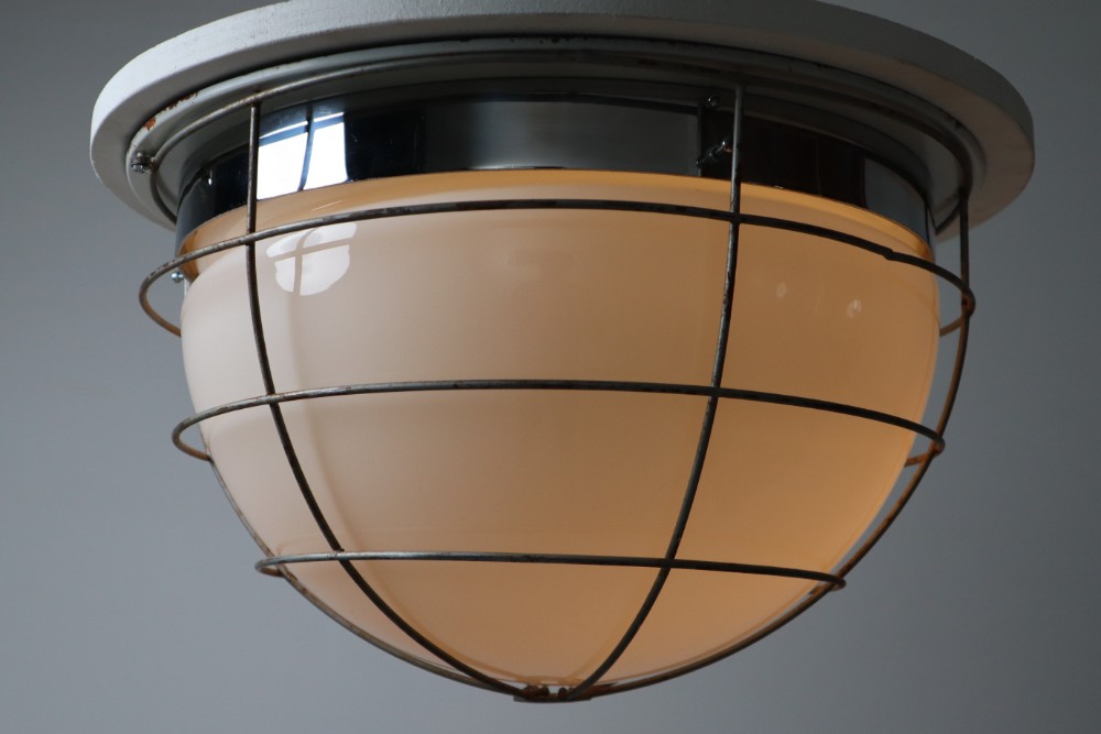 Midcentury Industrial Ceiling Lights, Sconces with Opaline Glass Shade, 1960s