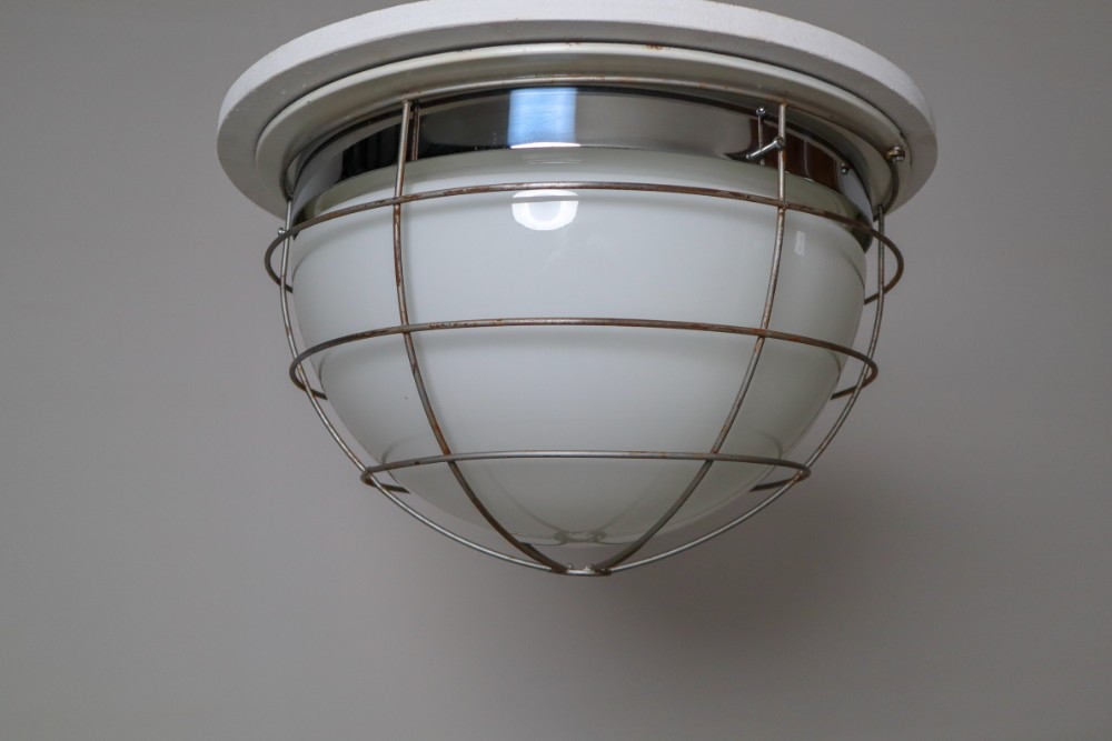 Midcentury Industrial Ceiling Lights, Sconces with Opaline Glass Shade, 1960s