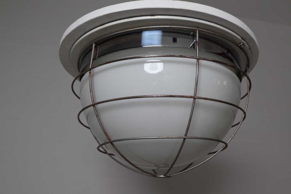 Midcentury Industrial Ceiling Lights, Sconces with Opaline Glass Shade, 1960s