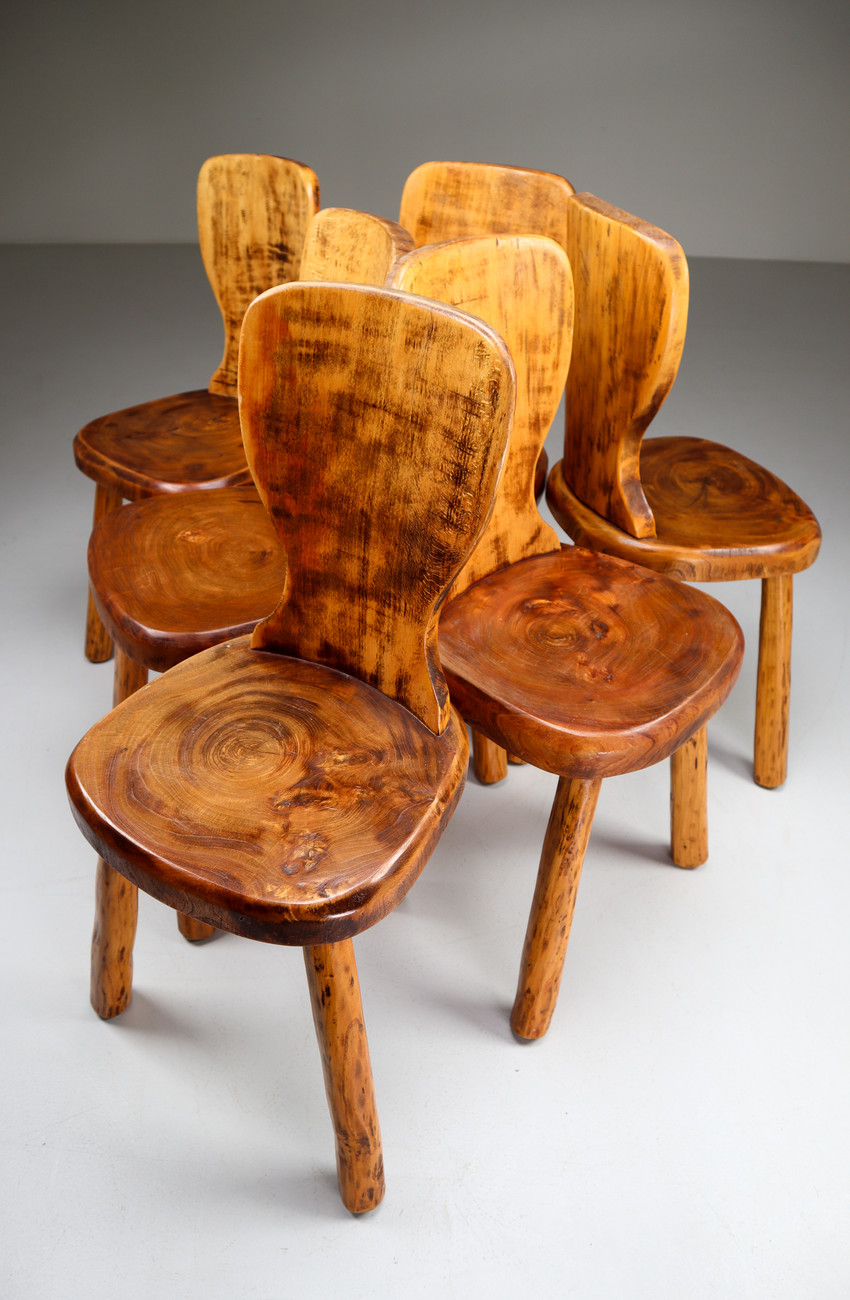Midcentury Primitive wood Chairs France 1960s Mid-20th century