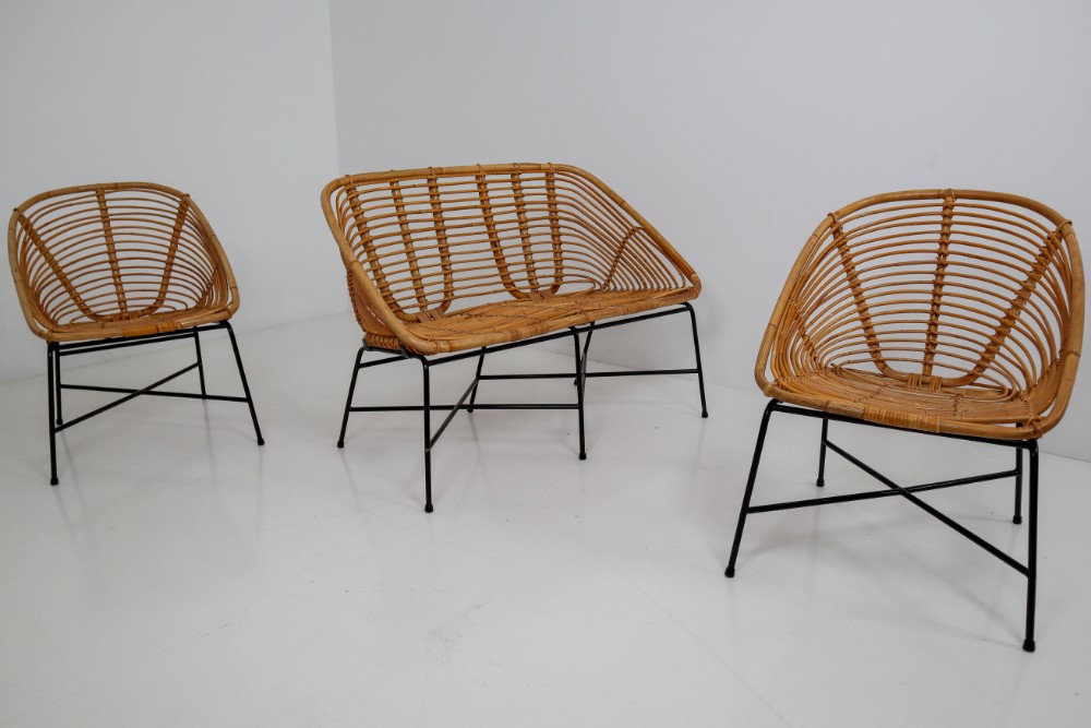 Midcentury Rattan, Wicker and Iron Settee, Patio Bench, Italy, 1960s
