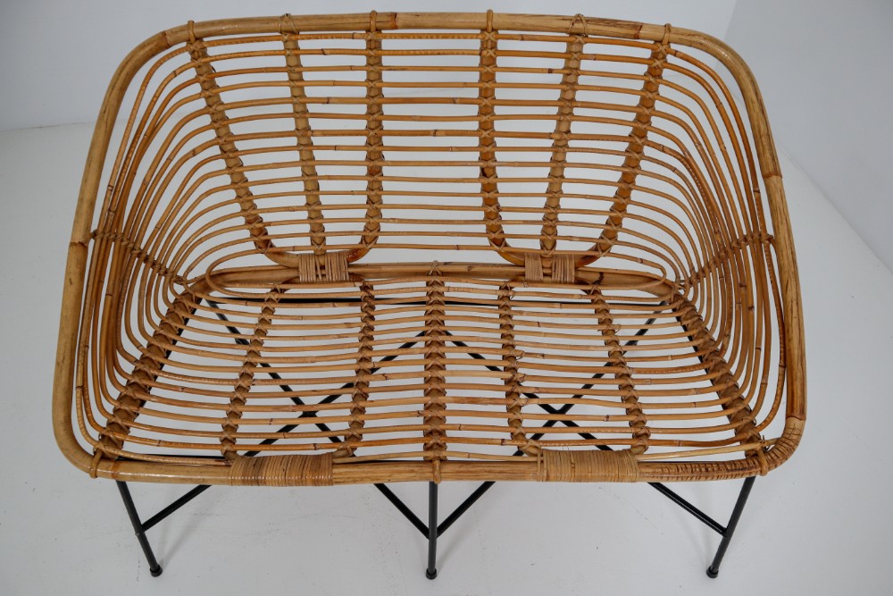 Midcentury Rattan, Wicker and Iron Settee, Patio Bench, Italy, 1960s