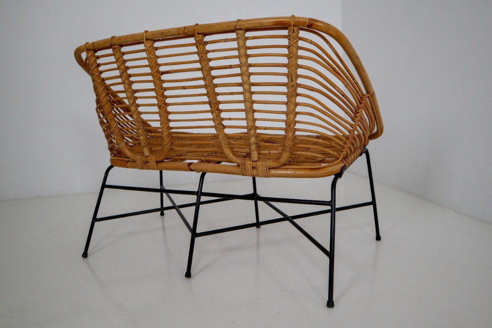Midcentury Rattan, Wicker and Iron Settee, Patio Bench, Italy, 1960s