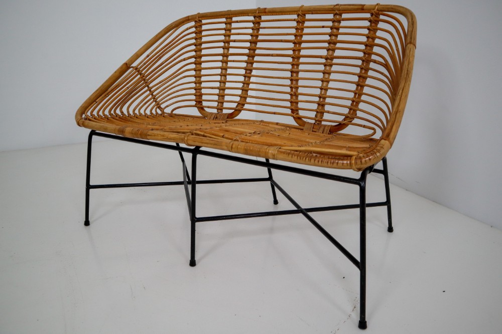 Midcentury Rattan, Wicker and Iron Settee, Patio Bench, Italy, 1960s