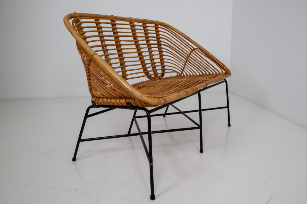 Midcentury Rattan, Wicker and Iron Settee, Patio Bench, Italy, 1960s