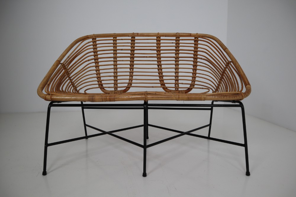 Midcentury Rattan, Wicker and Iron Settee, Patio Bench, Italy, 1960s