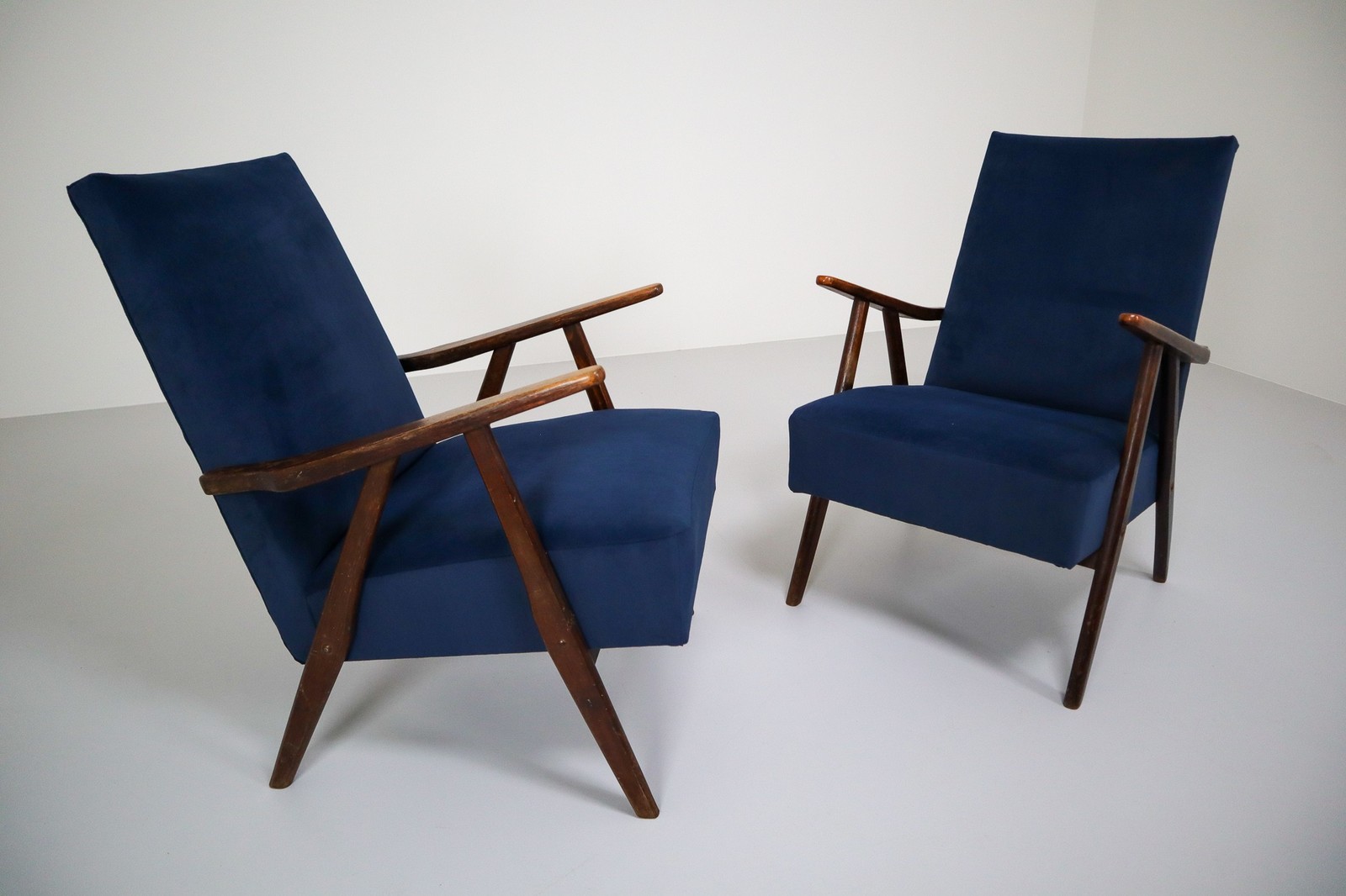 Midcentury Reupholstered Lounge Chairs in Blue Velvet, France, 1960s