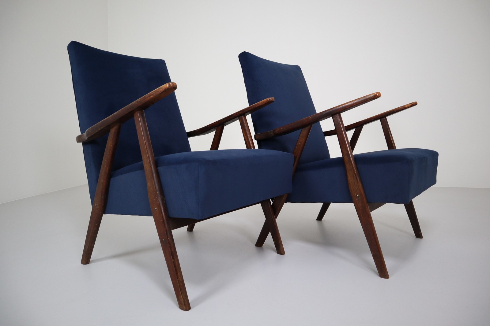 Midcentury Reupholstered Lounge Chairs in Blue Velvet, France, 1960s
