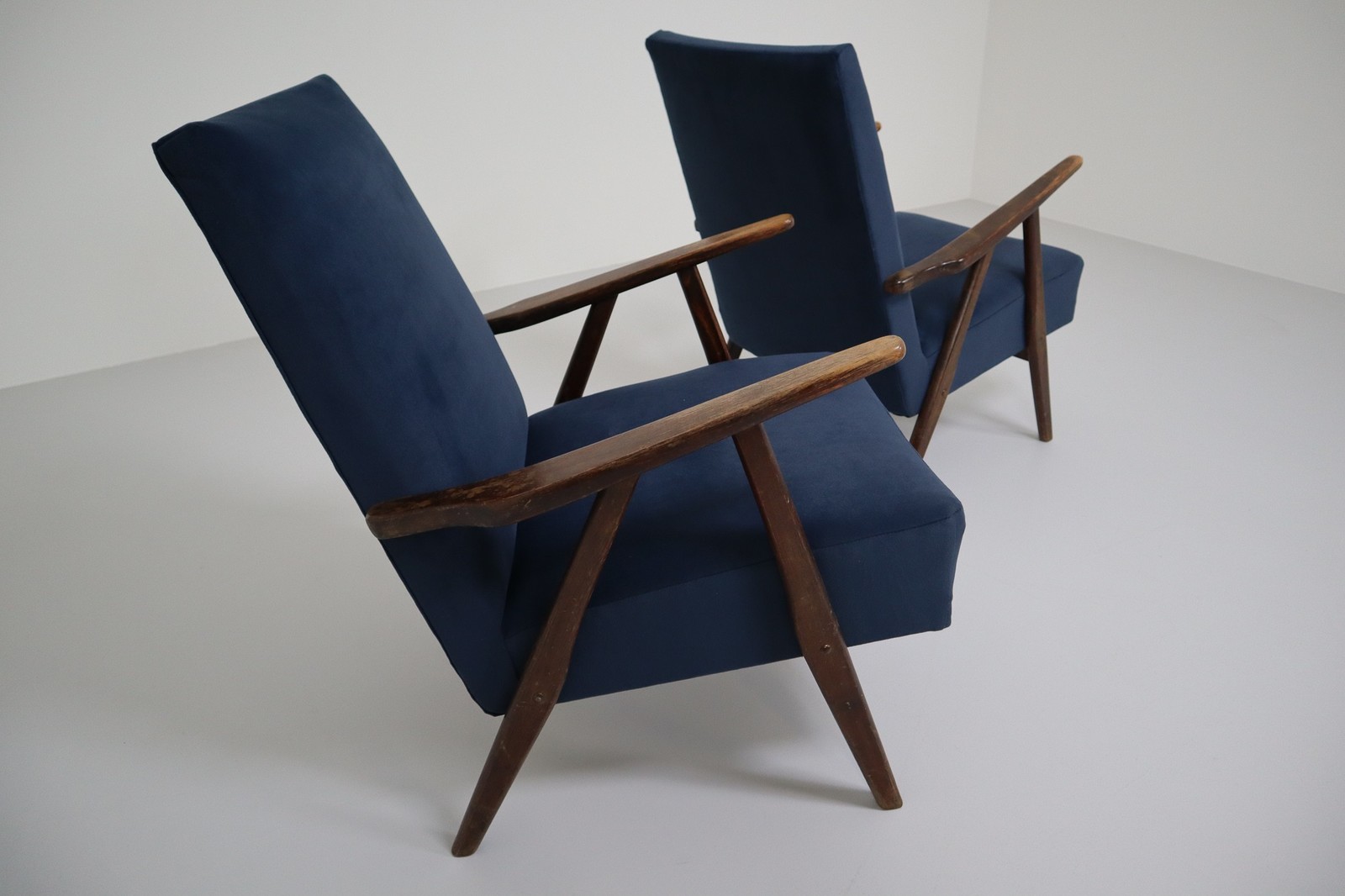 Midcentury Reupholstered Lounge Chairs in Blue Velvet, France, 1960s