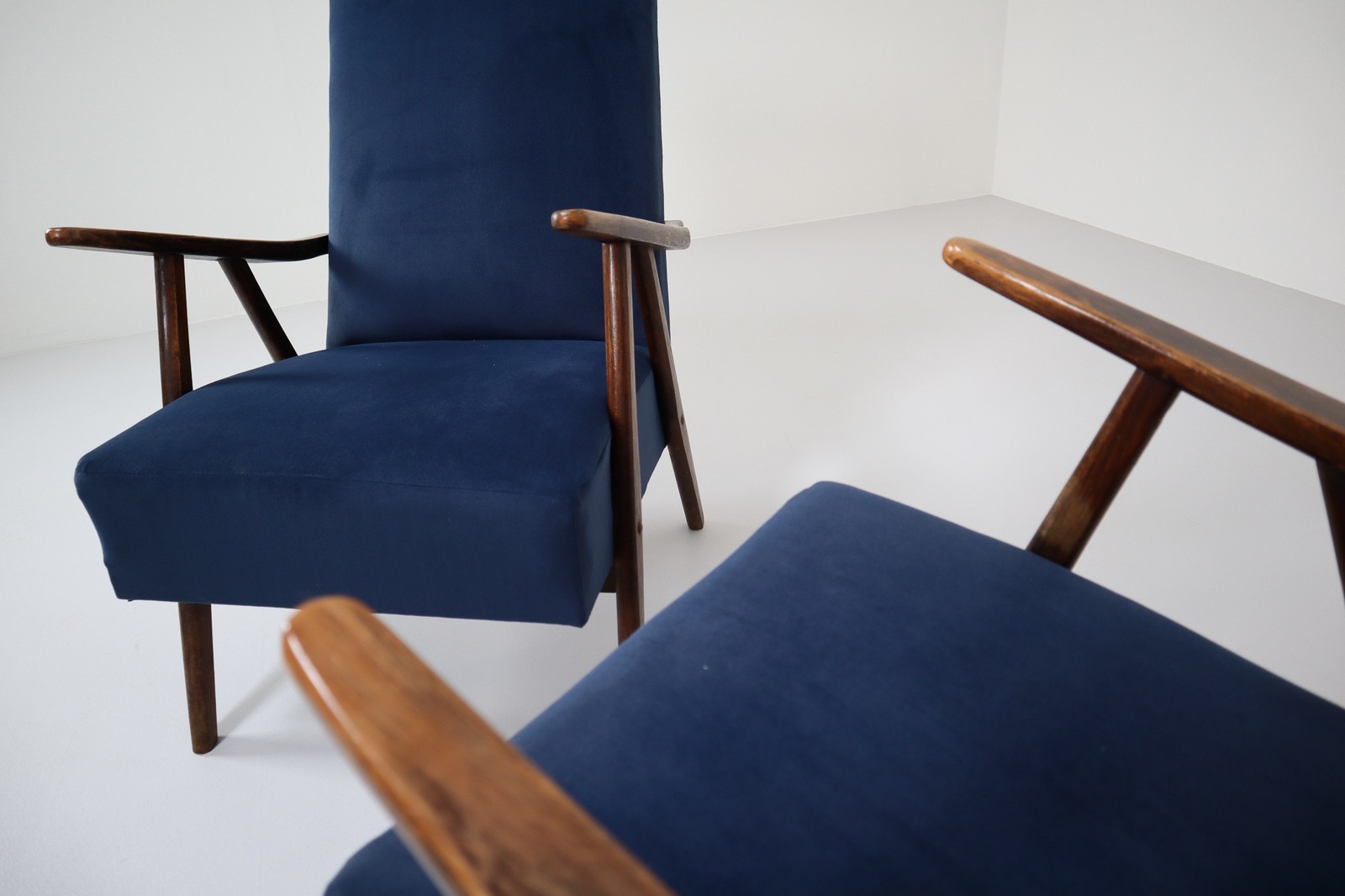 Midcentury Reupholstered Lounge Chairs in Blue Velvet, France, 1960s