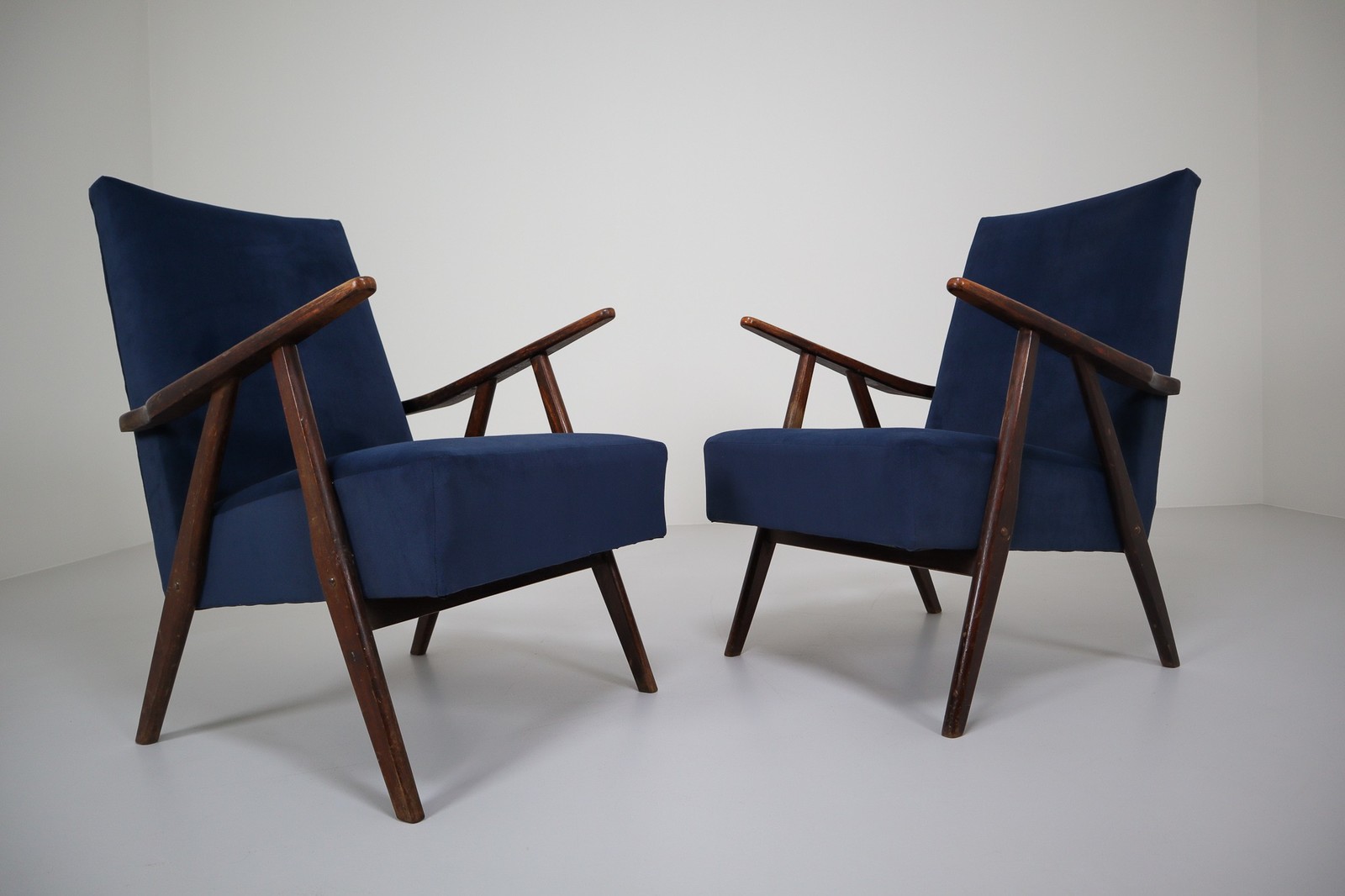 Midcentury Reupholstered Lounge Chairs in Blue Velvet, France, 1960s