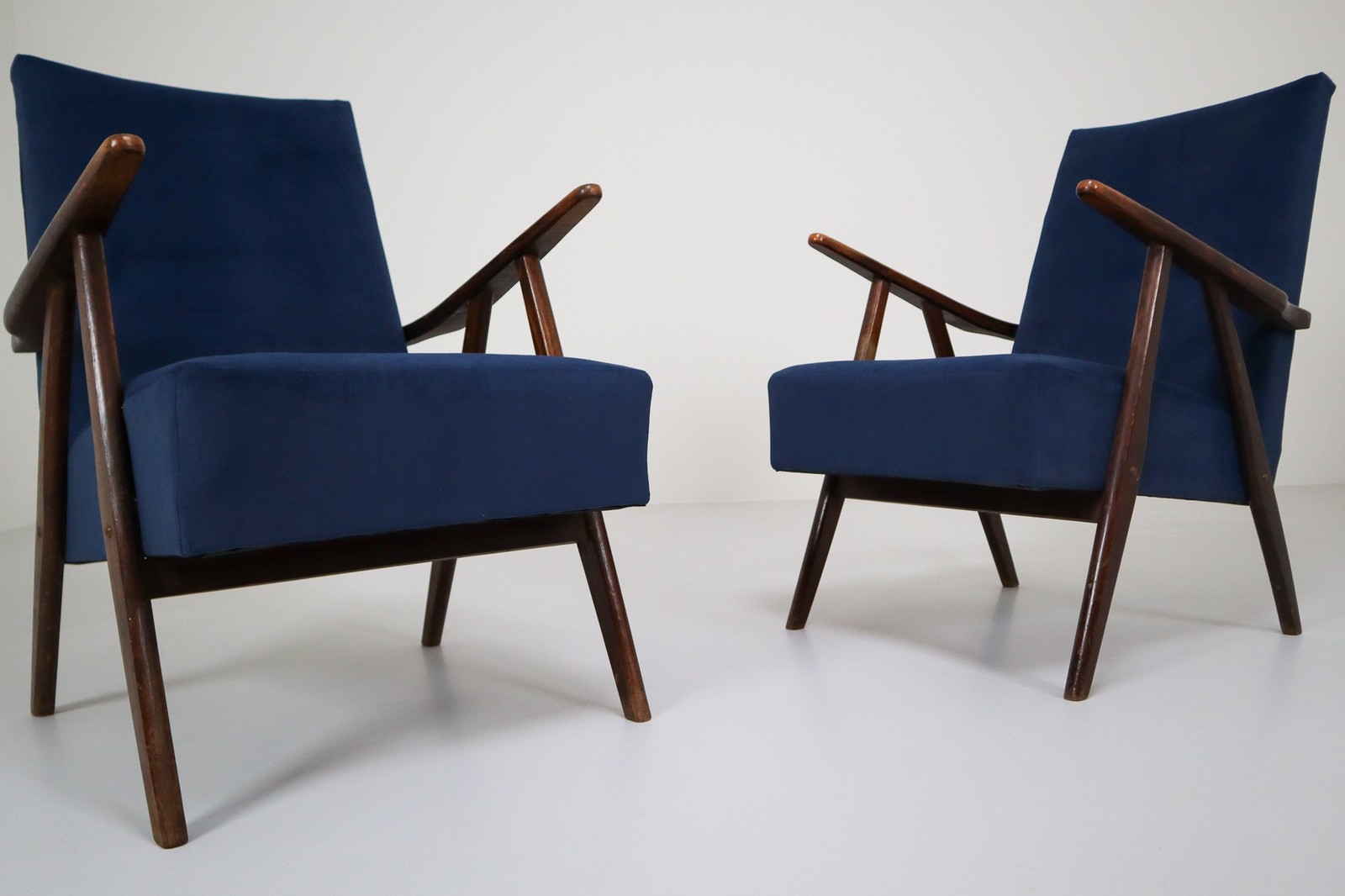 Midcentury Reupholstered Lounge Chairs in Blue Velvet, France, 1960s