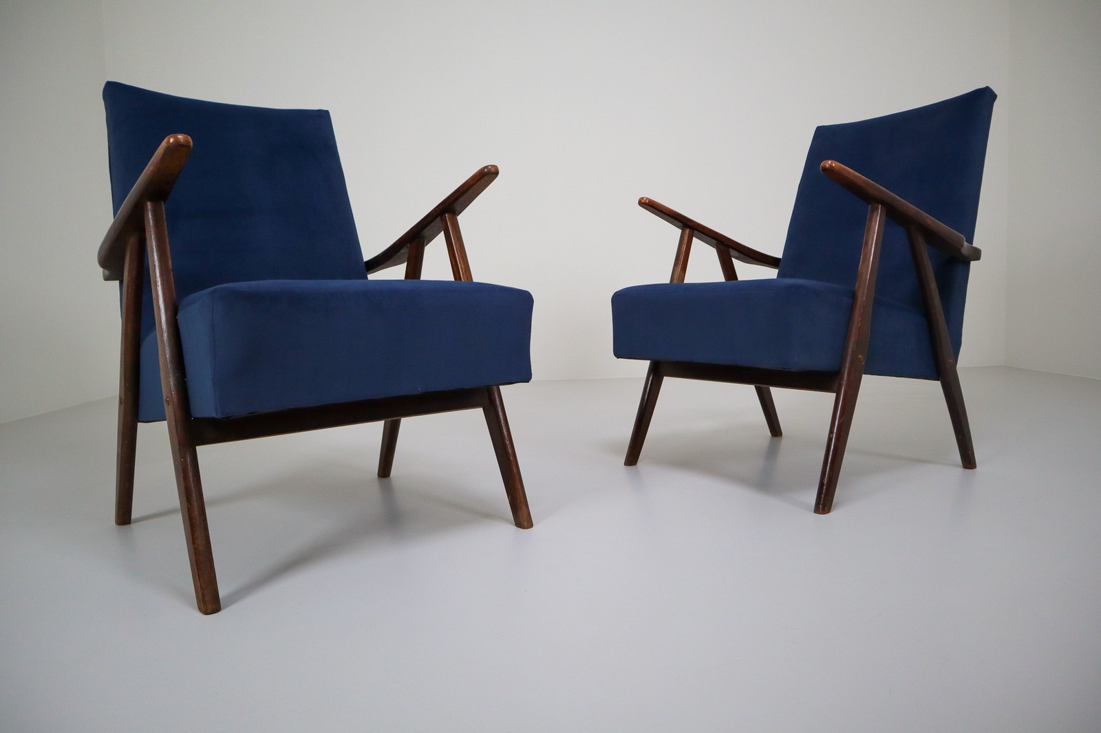 Midcentury Reupholstered Lounge Chairs in Blue Velvet, France, 1960s