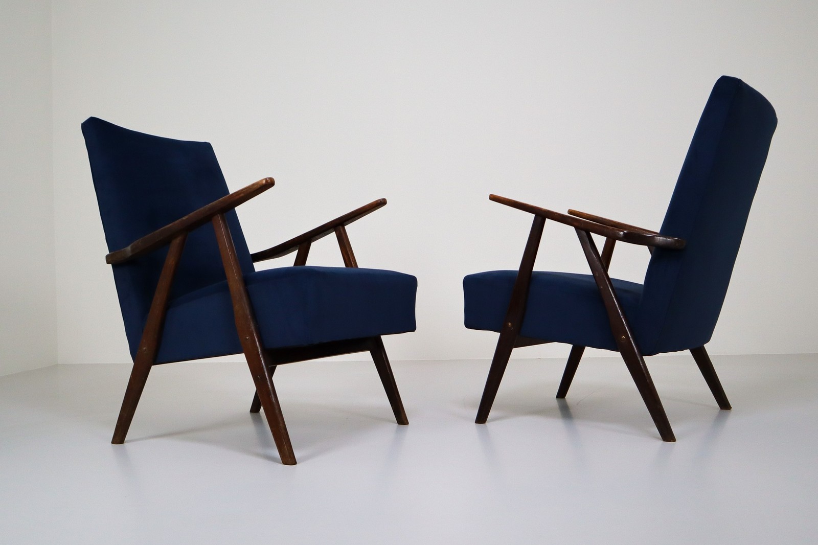 Midcentury Reupholstered Lounge Chairs in Blue Velvet, France, 1960s