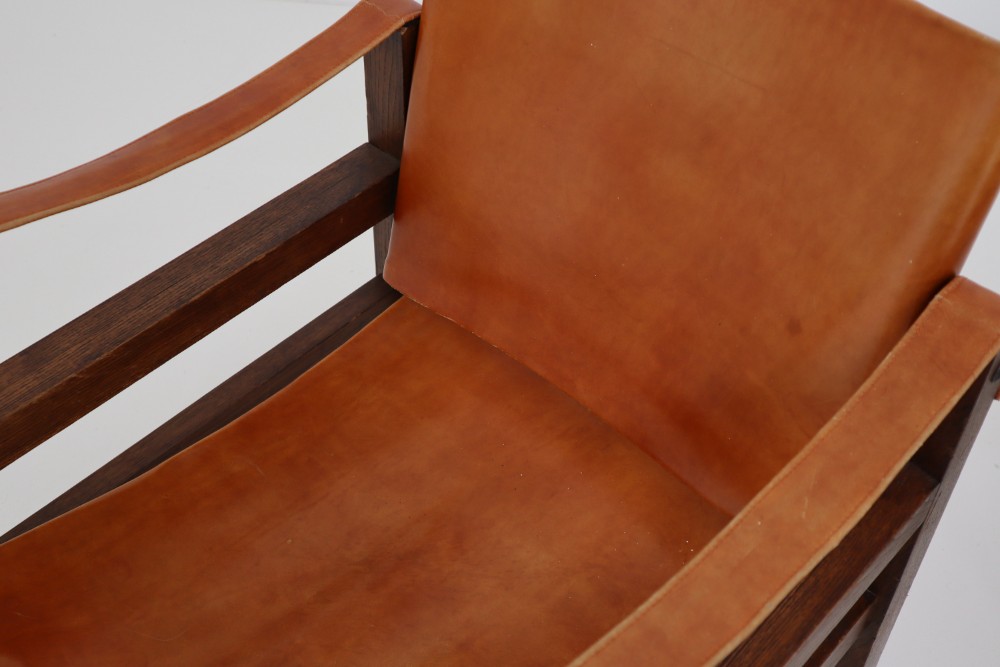 Midcentury Safari Chairs in Oak and Cognac Patinated Leather, France, 1960s