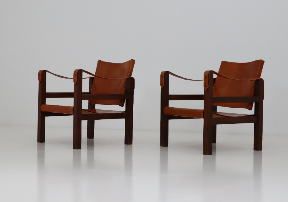 Midcentury Safari Chairs in Oak and Cognac Patinated Leather, France, 1960s
