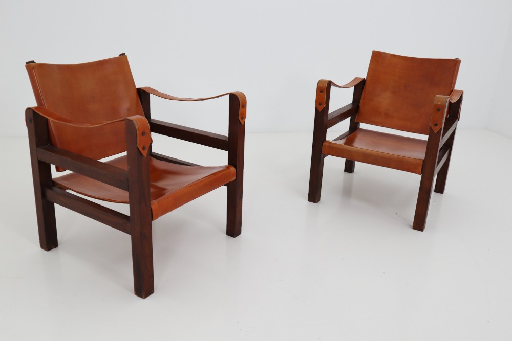 Midcentury Safari Chairs in Oak and Cognac Patinated Leather, France, 1960s