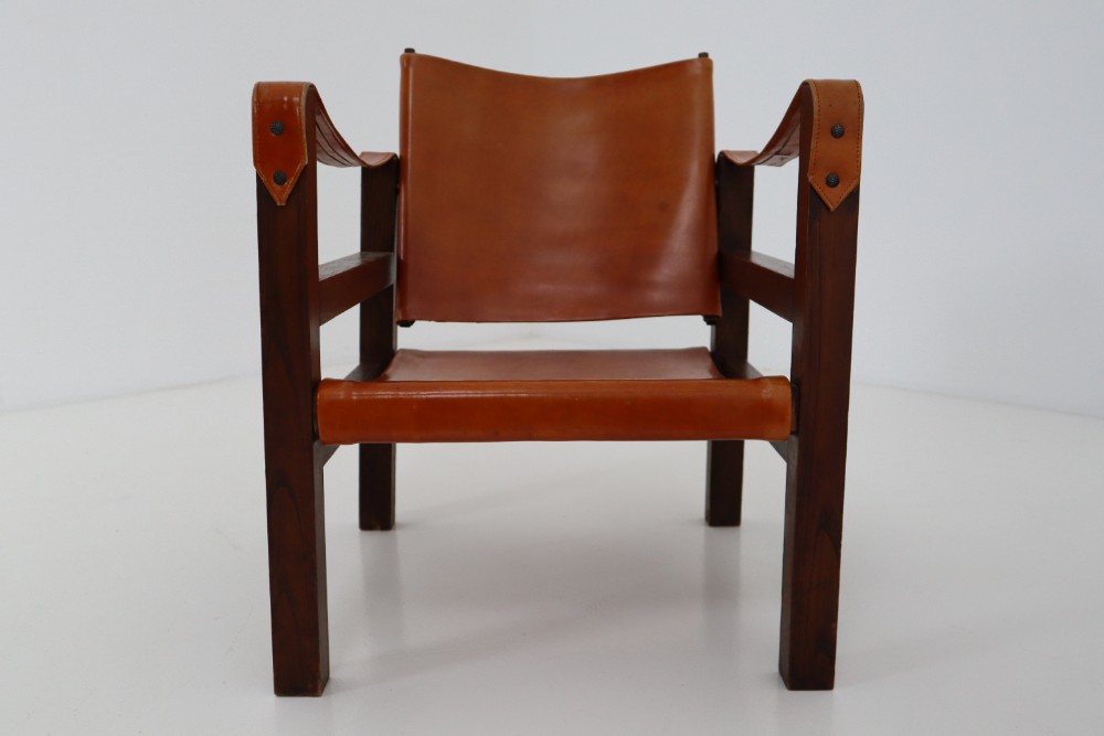 Midcentury Safari Chairs in Oak and Cognac Patinated Leather, France, 1960s