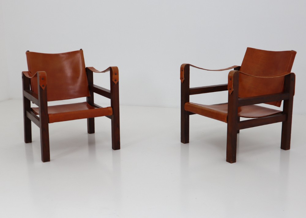 Midcentury Safari Chairs in Oak and Cognac Patinated Leather, France, 1960s