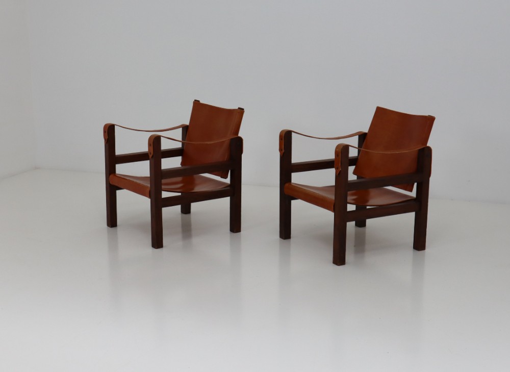 Midcentury Safari Chairs in Oak and Cognac Patinated Leather, France, 1960s