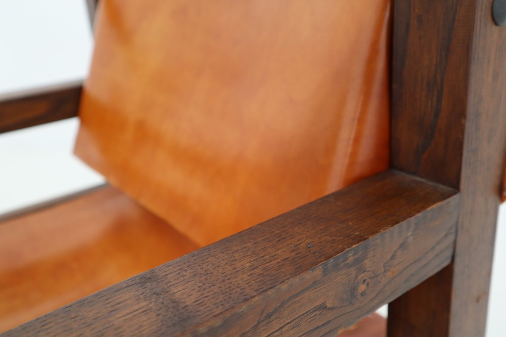 Midcentury Safari Chairs in Oak and Cognac Patinated Leather, France, 1960s