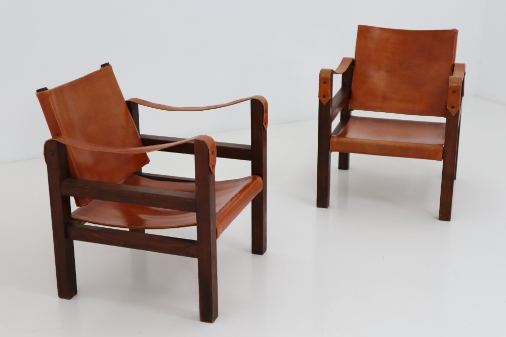 Midcentury Safari Chairs in Oak and Cognac Patinated Leather, France, 1960s