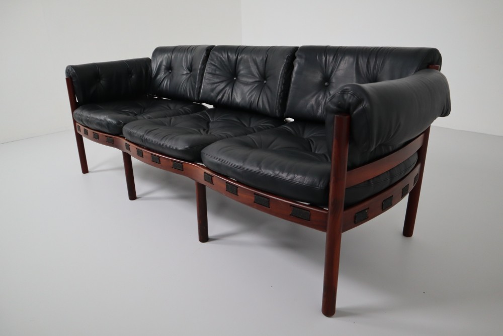 Midcentury Three-Seat Sofa in Rosewood and Leather by Arne Norell, Sweden, 1960