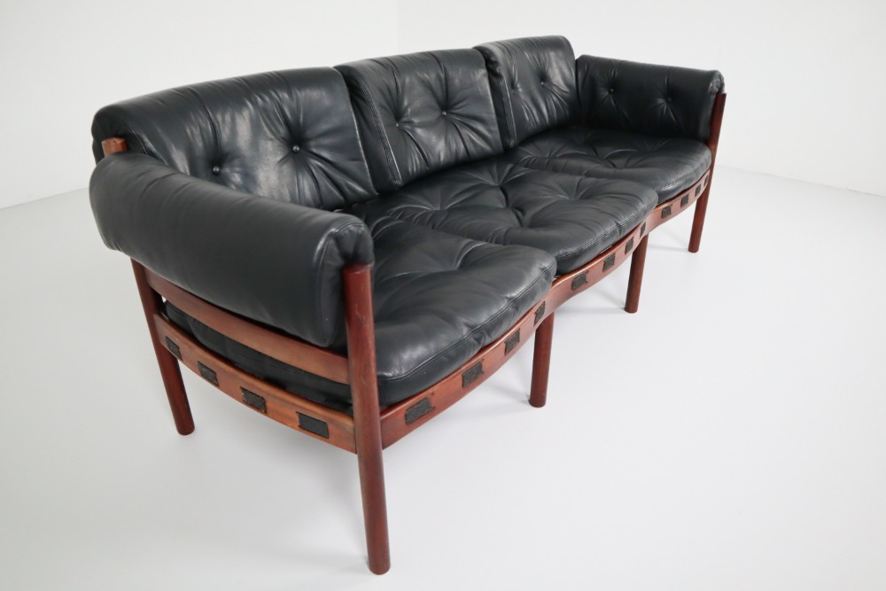 Midcentury Three-Seat Sofa in Rosewood and Leather by Arne Norell, Sweden, 1960