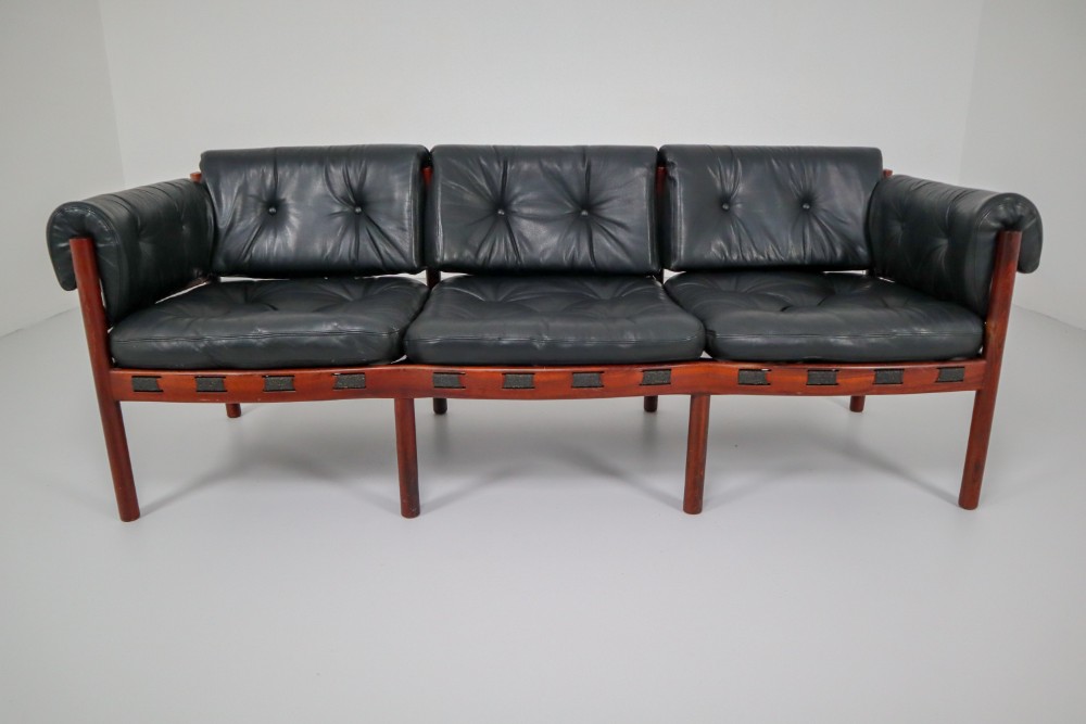 Midcentury Three-Seat Sofa in Rosewood and Leather by Arne Norell, Sweden, 1960